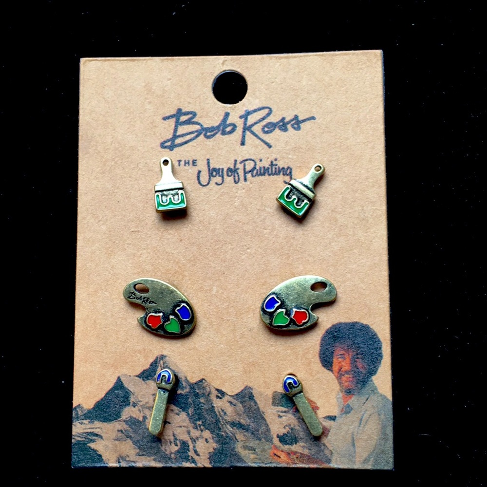 🟡New Bob Ross Earrings, 3 Pairs Of Studs, Red, Blue and Green